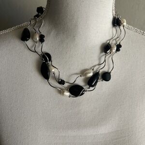 Artisan Black Crystal + Glass Bead Freshwater Pearl 3- Strand Wavy Link Necklace